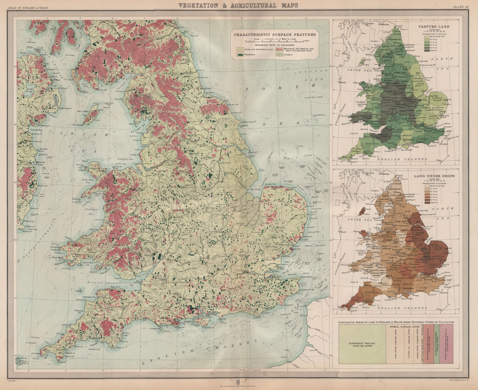 ENGLAND WALES. Vegetation Agriculture cultivated land crops. LARGE 1903 map